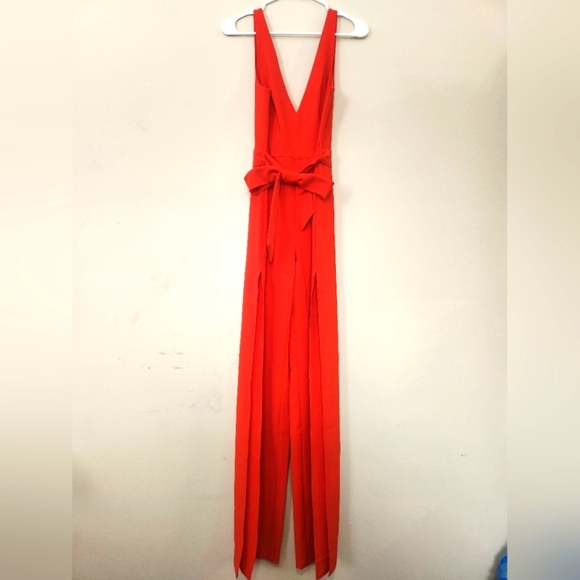 H:ours bright red belted deep v neck jumpsuit with slit size small - Picture 1 of 7